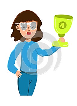 Beautiful young girl holding a gold trophy for first place in the competition, vector illustration