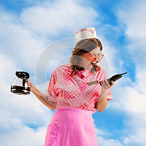 Beautiful young girl in image of retro cater waiter wearing 70s, 80s fashion style uniform shouting into phone over sky
