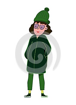 Beautiful young girl jacket and hat, vector illustration