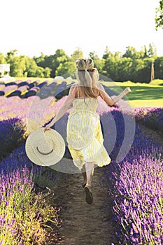 Beautiful and young girl in a lavender field photo