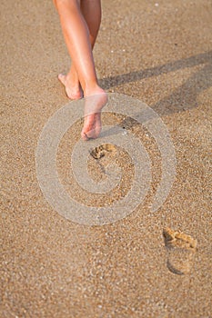 Beautiful young girl legs, walking on the beach
