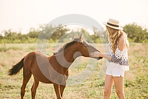 A beautiful young girl, with light curly hair in a straw hat stroking the foal`s nose in the countryside, warm autumn