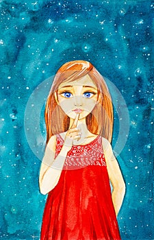A beautiful young girl with long brown hair and blue eyes in a red dress against the night sky shows hush. Watercolor illustration
