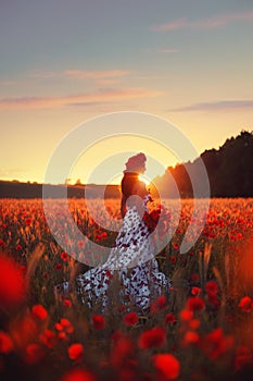 A beautiful young girl in a long dress stands in a poppy field.