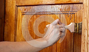 Beautiful young girl paints a wooden door. Summer work in the garden