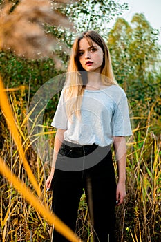 Beautiful young girl posing against high grass in early warm autumn
