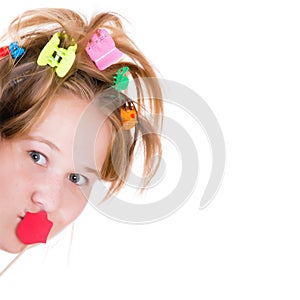 Beautiful young girl posing with red lips props.