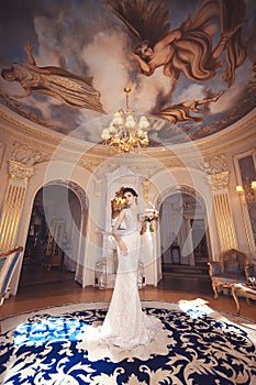A beautiful young girl in a powdery wedding dress on the background of the interiors of a luxurious historical apartment.