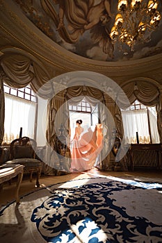 A beautiful young girl in a powdery wedding dress on the background of the interiors of a luxurious historical apartment.