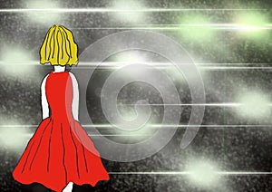 Beautiful young girl red dress Celebrity star lights illustration