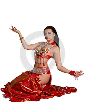 Beautiful young girl in a red suit oriental dance