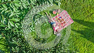 Beautiful young girl relaxing on grass, having summer picnic in park outdoors, aerial drone view