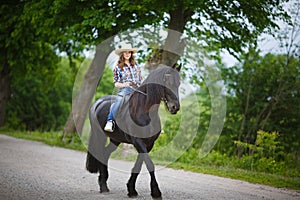 Beautiful young girl riding a horse in countryside