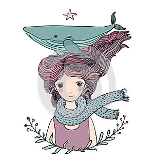 Beautiful young girl sailor with a whale in her hair. Sea animals.