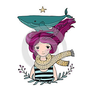 Beautiful young girl sailor with a whale in her hair. Sea animals.