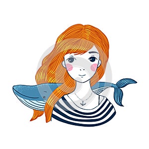 Beautiful young girl sailor with a whale and star in her hair.