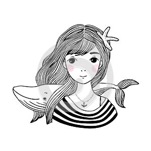 Beautiful young girl sailor with a whale and star in her hair.