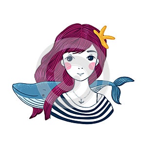 Beautiful young girl sailor with a whale and star in her hair.