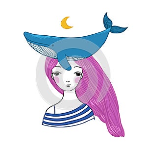 Beautiful young girl sailor with a whale and star in her hair.