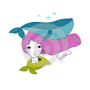 Beautiful young girl sailor with a whale and star in her hair.