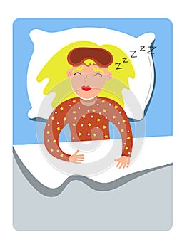 Beautiful young girl sleeping in bed, vector illustration