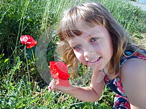 Beautiful young girl sniffs red poppies in a meadow. A girl looks at the camera, holds a flower in her hand and smiles