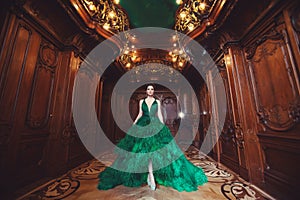 Ð beautiful young girl standing in a haute couture green dress in a luxurious interior.