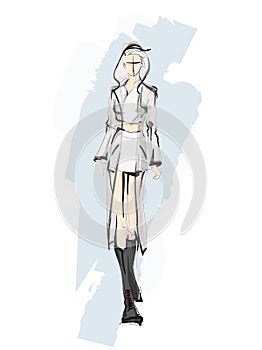 Beautiful young girl in stylish clothes. Fashion woman look. Sale concept. Hand-drawn fashion illustration. Cute girl in fashion