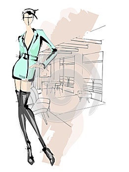 Beautiful young girl in stylish clothes. Fashion woman look. Sale concept. Hand-drawn fashion illustration. Cute girl in fashion