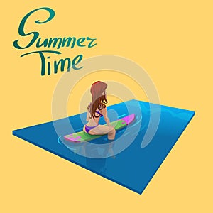 Beautiful young girl surfer character sitting on a board in the sea. Vector illustration.