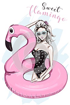 Beautiful young girl in swimsuit swimming with pink inflatable flamingo. Sketch. Summer set.