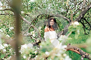 Beautiful young girl in white dress in spring blossoming apple orchards