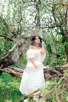 Beautiful young girl in white dress in spring blossoming apple orchards