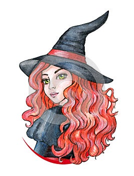 Beautiful young girl - Witch. Halloween costume. Watercolor illustration