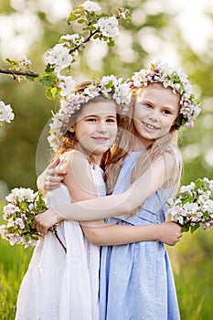 Beautiful young girls in long dresses in the garden with blosoming  apple trees. Smiling girls embracing, having fun and enjoying