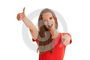 Beautiful young happy caucasian woman gesture succes with showing thumbs up islated over white background