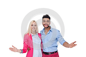 Beautiful Young Happy Couple Love Smiling Embracing, Hispanic Man Woman Hold Palm Arm Hand Gesture