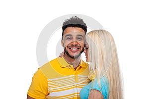 Beautiful Young Happy Couple Love Smiling Embracing, Hispanic Man Woman Smile