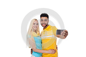 Beautiful Young Happy Couple Love Smiling Embracing Taking Selfie Photo On Cell Smart Phone, Hispanic Man Woman