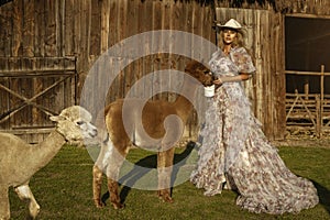 Beautiful young happy woman with cute alpacas on a spring day at the alpaca ranch. Pretty cowgirl with alpacas