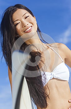 Beautiful Bikini Woman Girl Surfer & Surfboard Beach