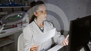 Beautiful young hispanic woman, a serious scientist in the lab, immersed in science research on her computer, reading document