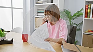 Beautiful young hispanic woman worker, concentrated on business conversation on smartphone while reading paperwork at the office