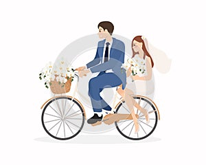 beautiful young just married wedding couple ride bicycle isolated