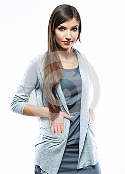 Beautiful young long haired business woman white background iso