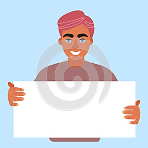 Beautiful young man holding a blank poster,empty sheet of white paper or board. joyful male cartoon character