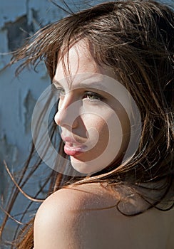 Beautiful Young Model With Hair Blowing in Wind