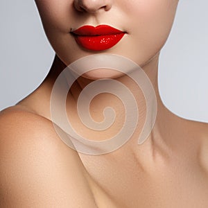 Beautiful young model with red lips and french manicure. Part of female face with red lips. Close-up shot of woman lips with gloss