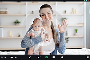 Beautiful Young Mom Holding Newborn Baby And Making Video Call, POV Screenshot photo