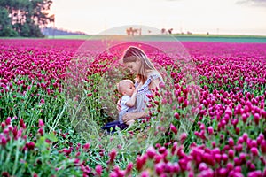 Beautiful young mother, breastfeeding her toddler baby boy in gorgeous crimson clover field on sunset